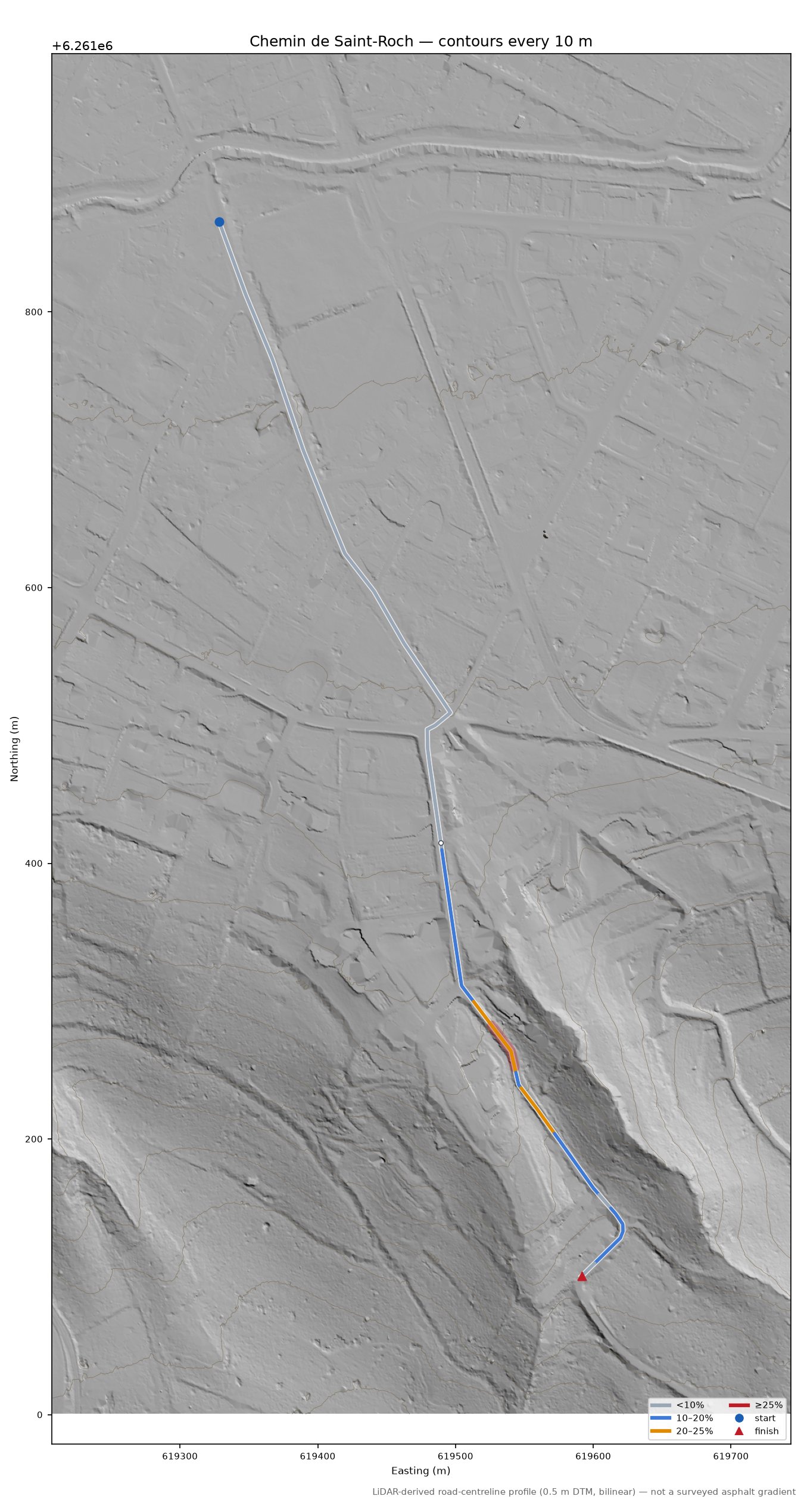 Chemin de Saint-Roch LiDAR hillshade map with contours