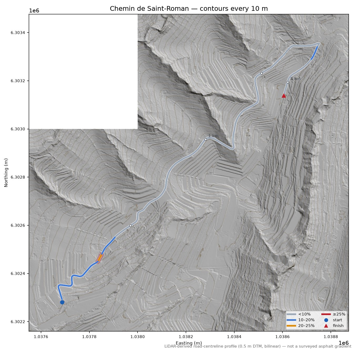 Chemin de Saint-Roman LiDAR hillshade map with contours