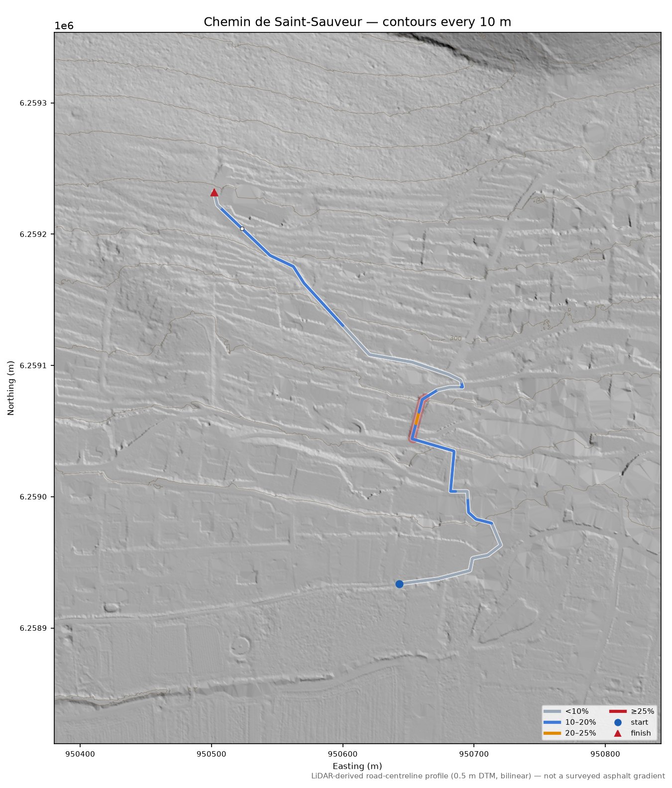 Chemin de Saint-Sauveur LiDAR hillshade map with contours