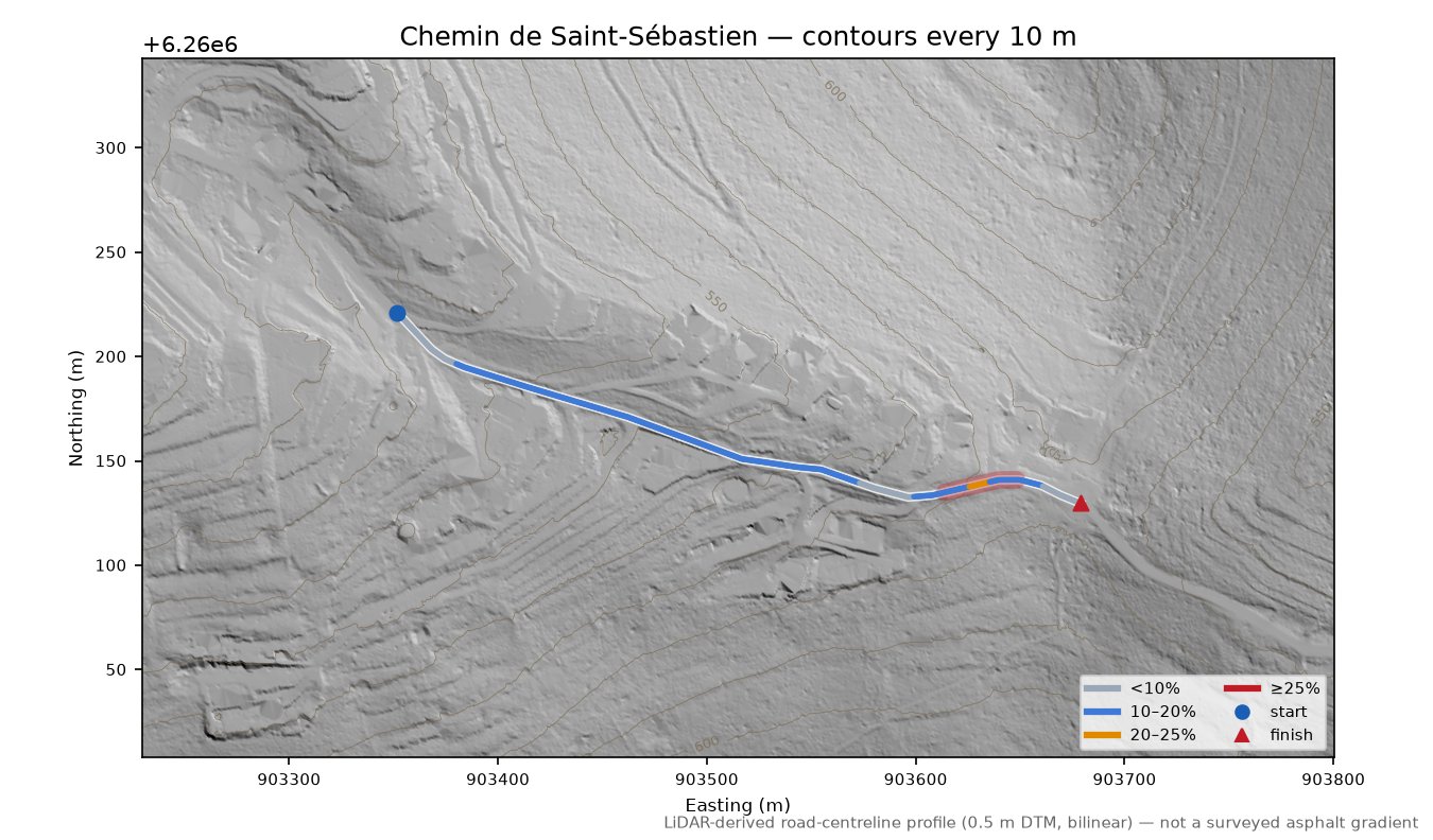 Chemin de Saint-Sébastien LiDAR hillshade map with contours