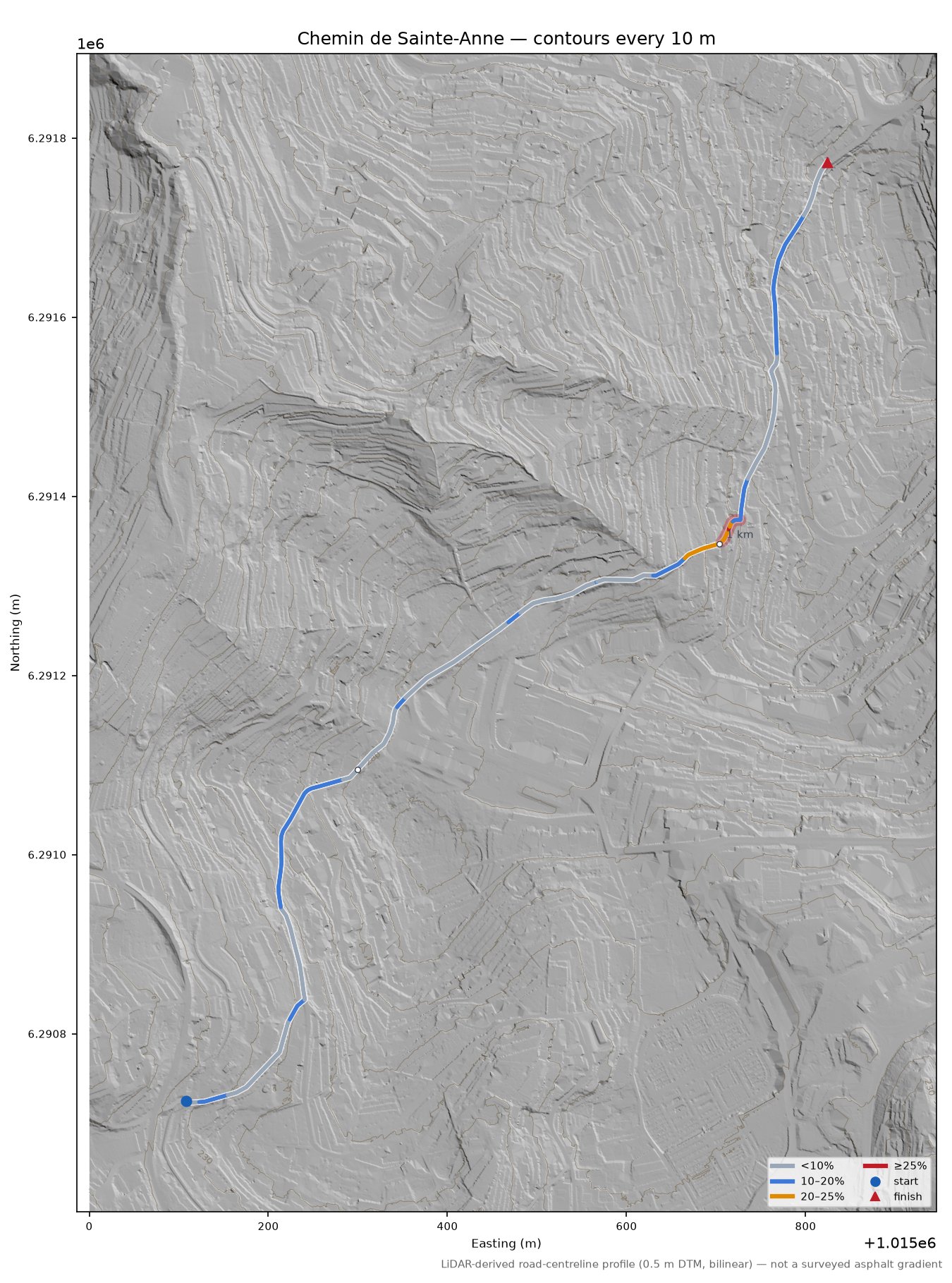 Chemin de Sainte-Anne LiDAR hillshade map with contours