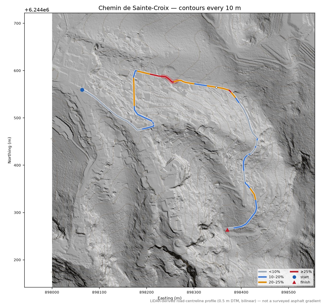 Chemin de Sainte-Croix LiDAR hillshade map with contours