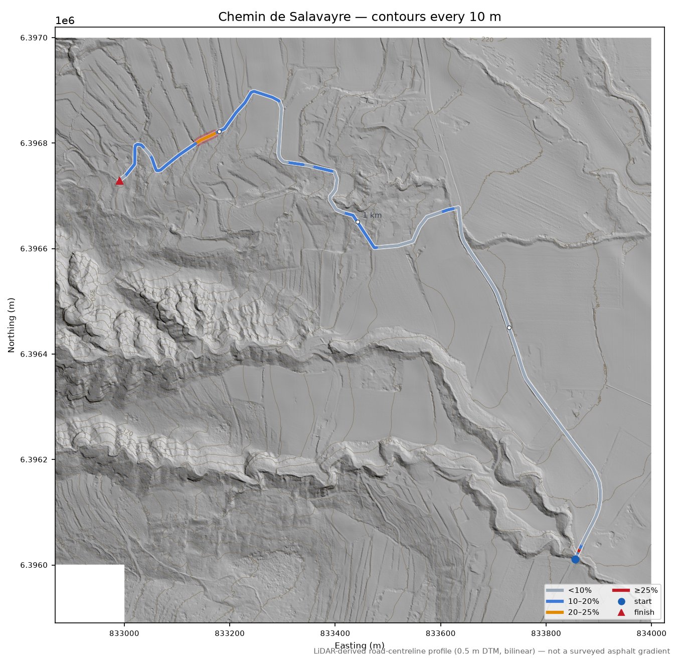Chemin de Salavayre LiDAR hillshade map with contours