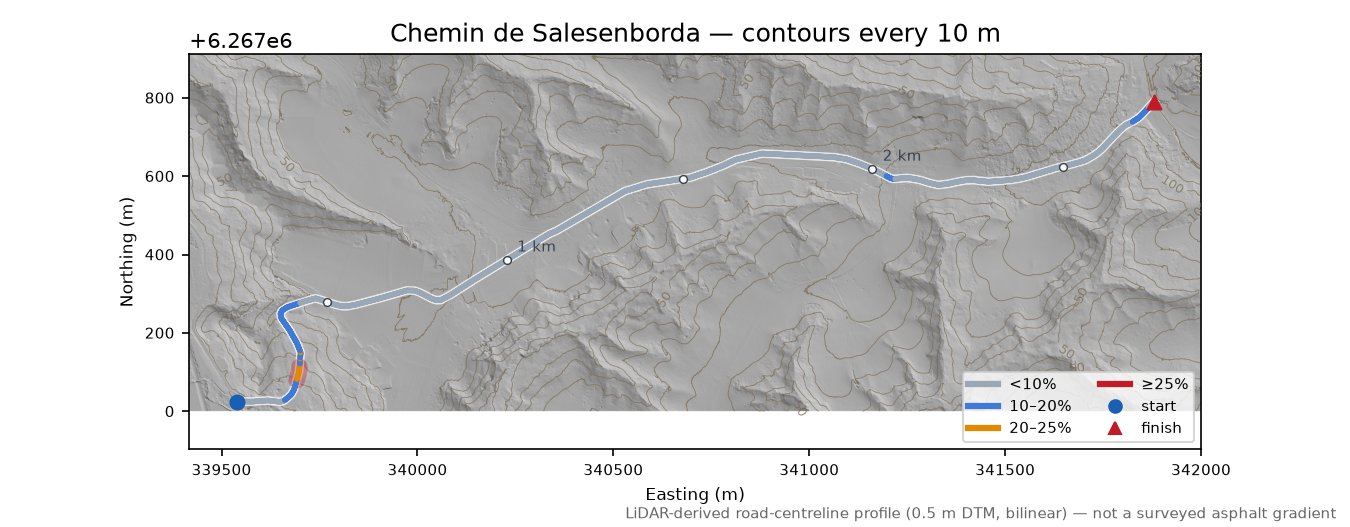 Chemin de Salesenborda LiDAR hillshade map with contours