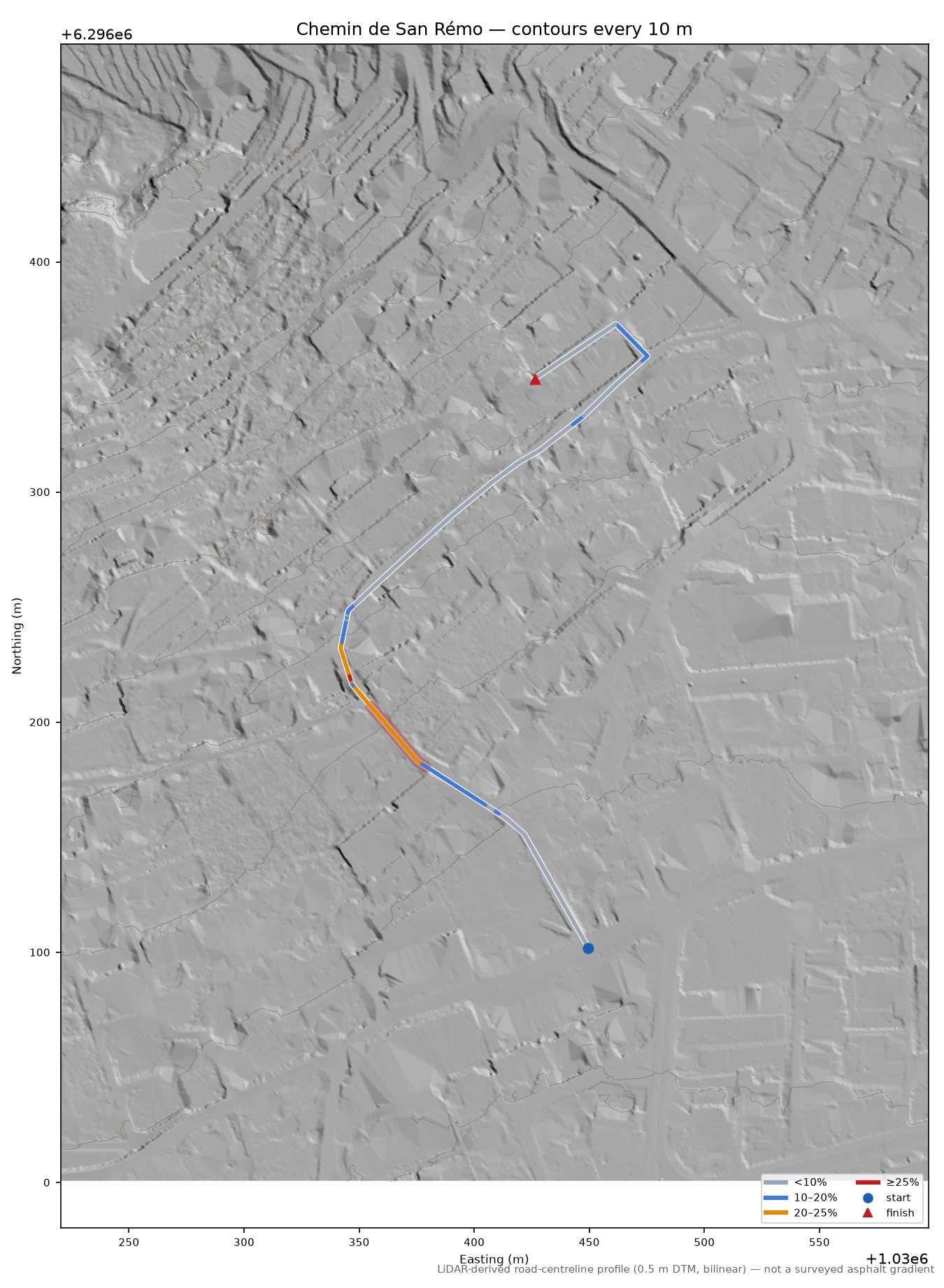 Chemin de San Rémo LiDAR hillshade map with contours