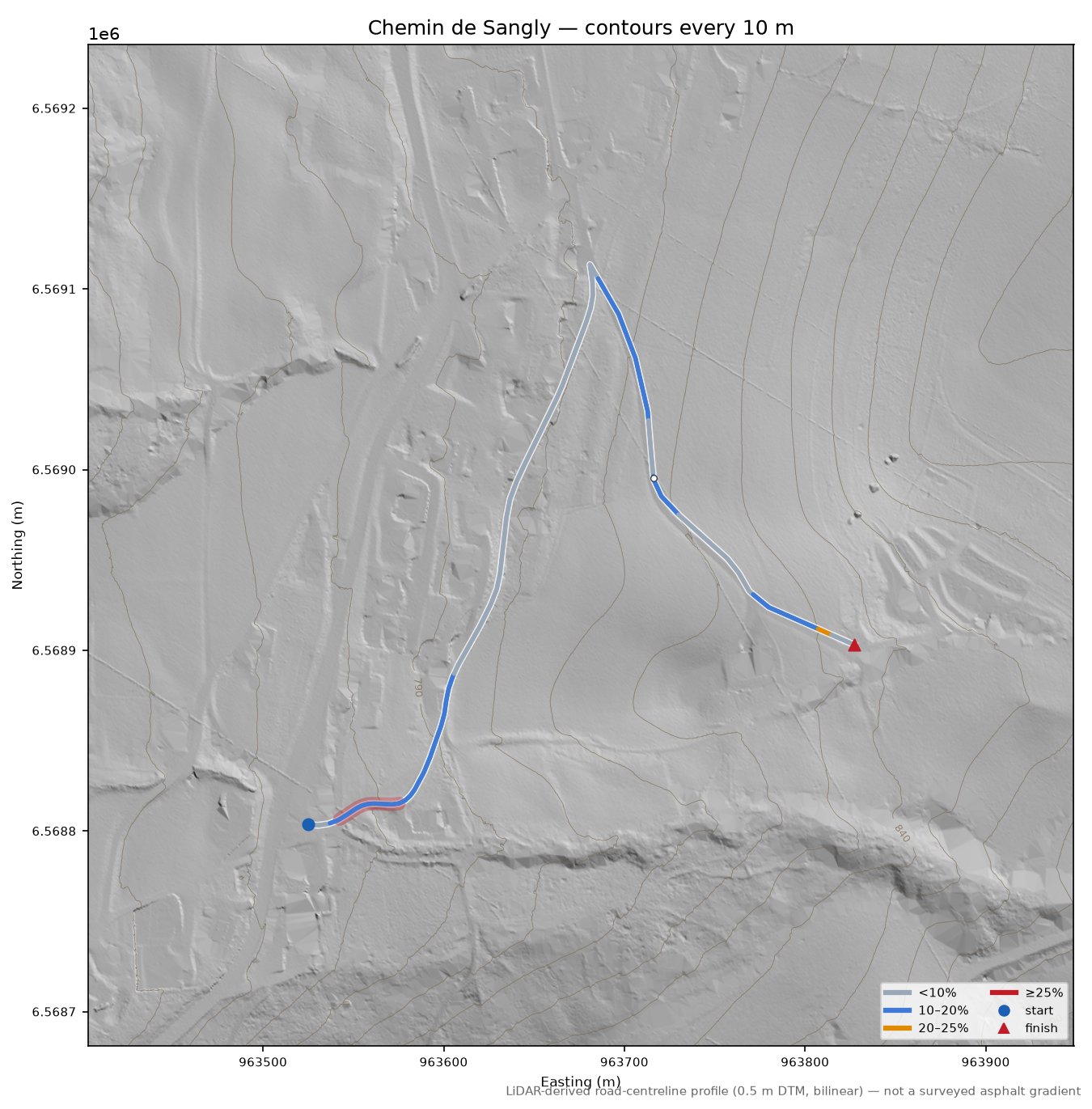 Chemin de Sangly LiDAR hillshade map with contours