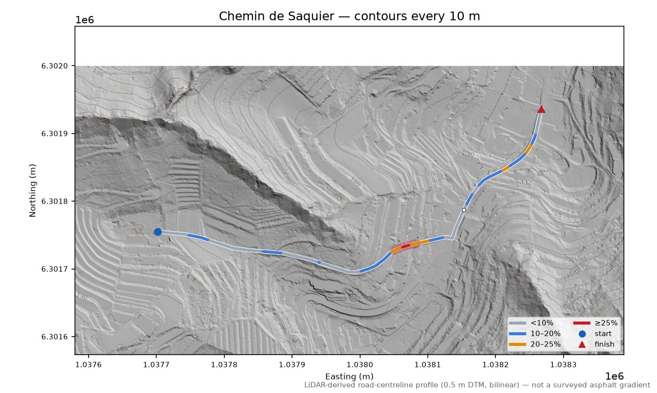 Chemin de Saquier LiDAR hillshade map with contours