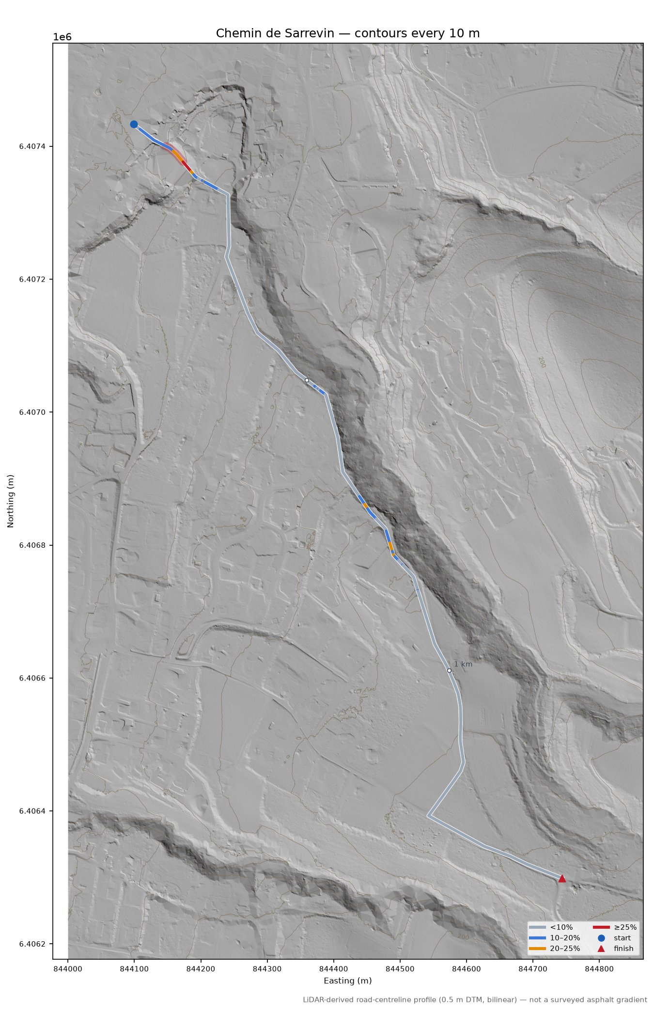 Chemin de Sarrevin LiDAR hillshade map with contours
