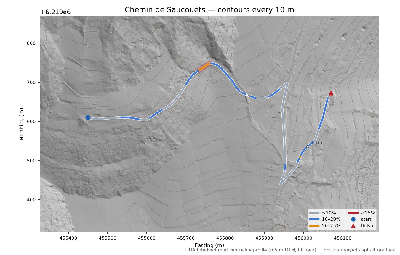 Chemin de Saucouets LiDAR hillshade map with contours