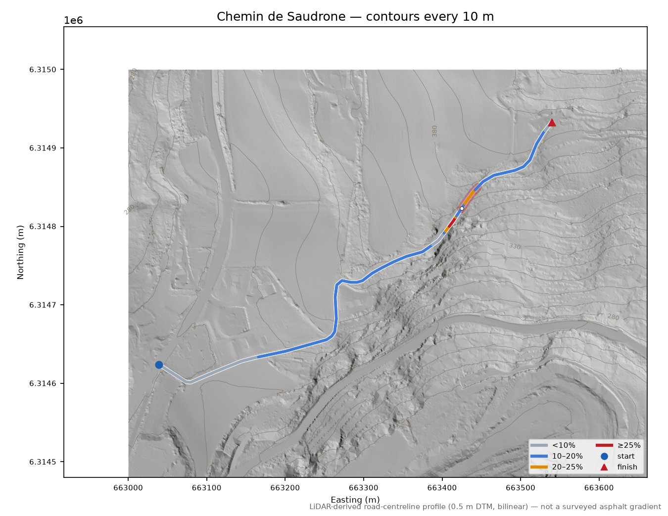 Chemin de Saudrone LiDAR hillshade map with contours