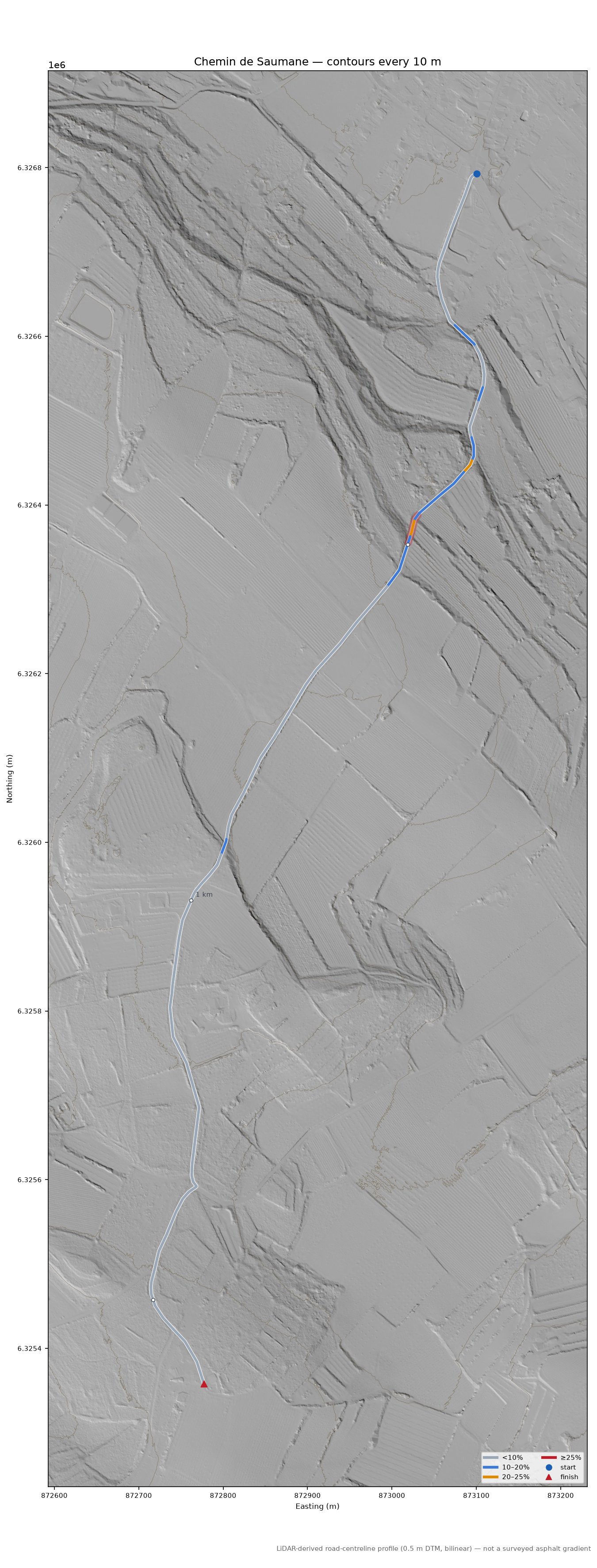 Chemin de Saumane LiDAR hillshade map with contours