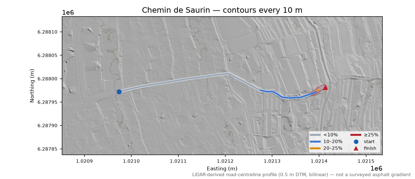 Chemin de Saurin LiDAR hillshade map with contours