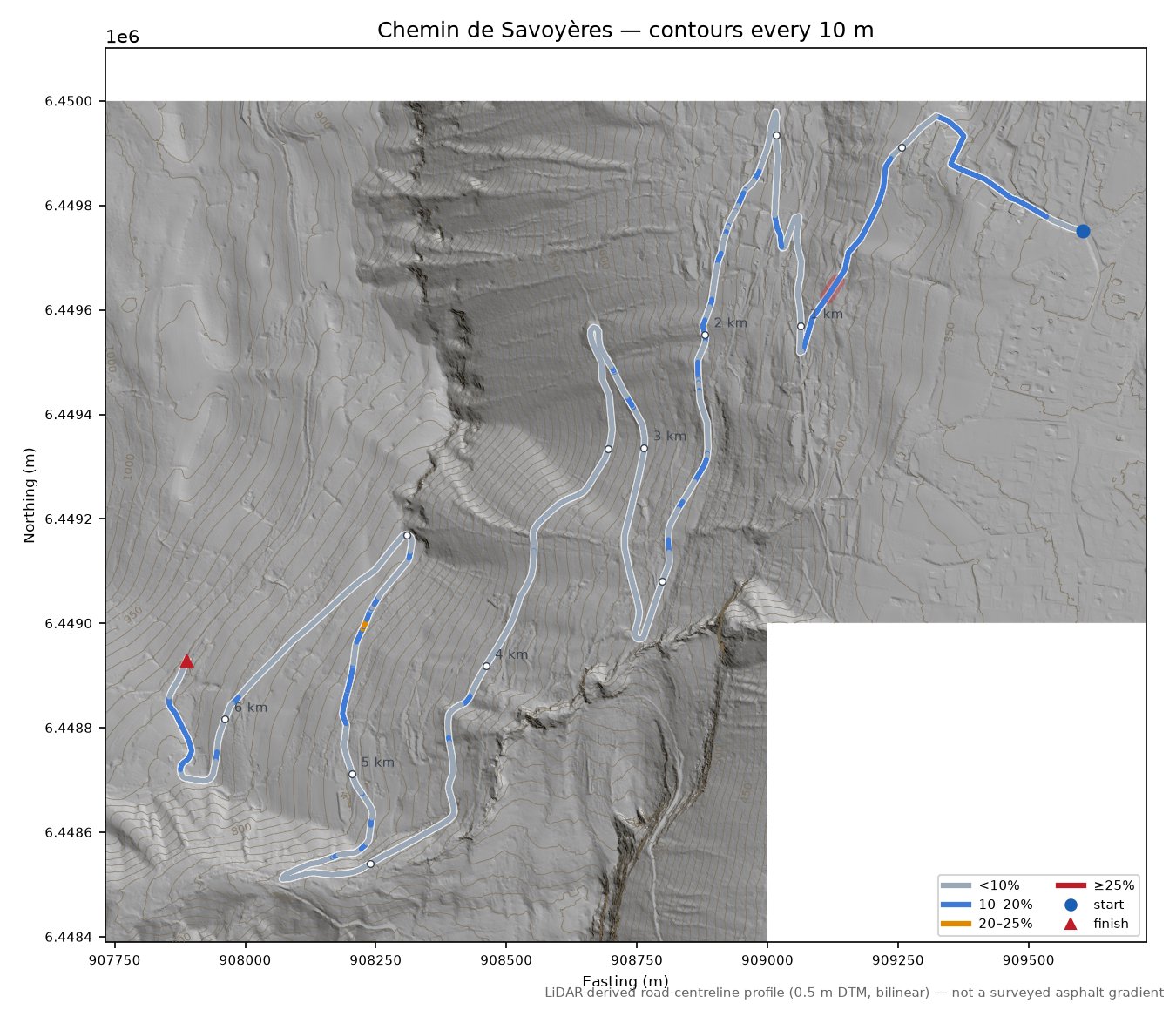 Chemin de Savoyères LiDAR hillshade map with contours