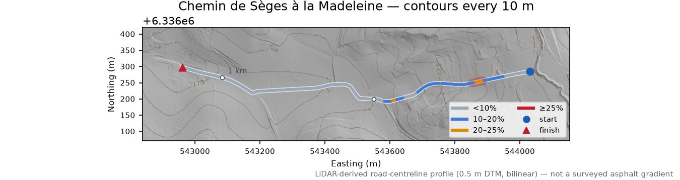 Chemin de Sèges à la Madeleine LiDAR hillshade map with contours