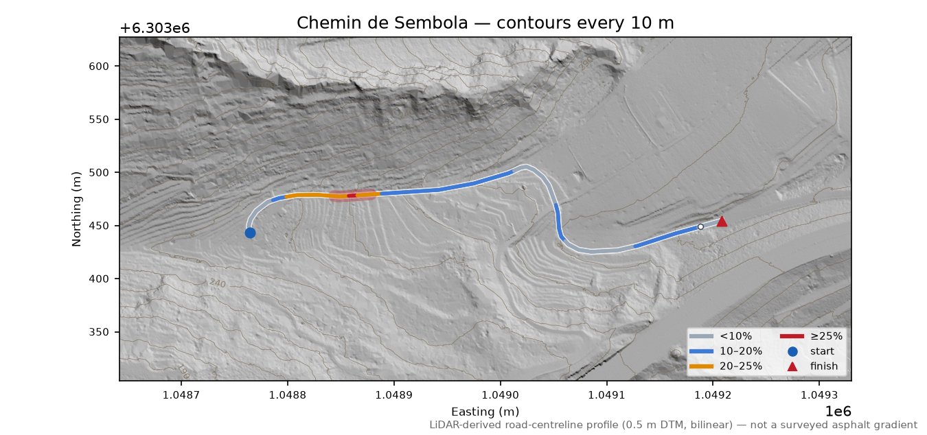 Chemin de Sembola LiDAR hillshade map with contours