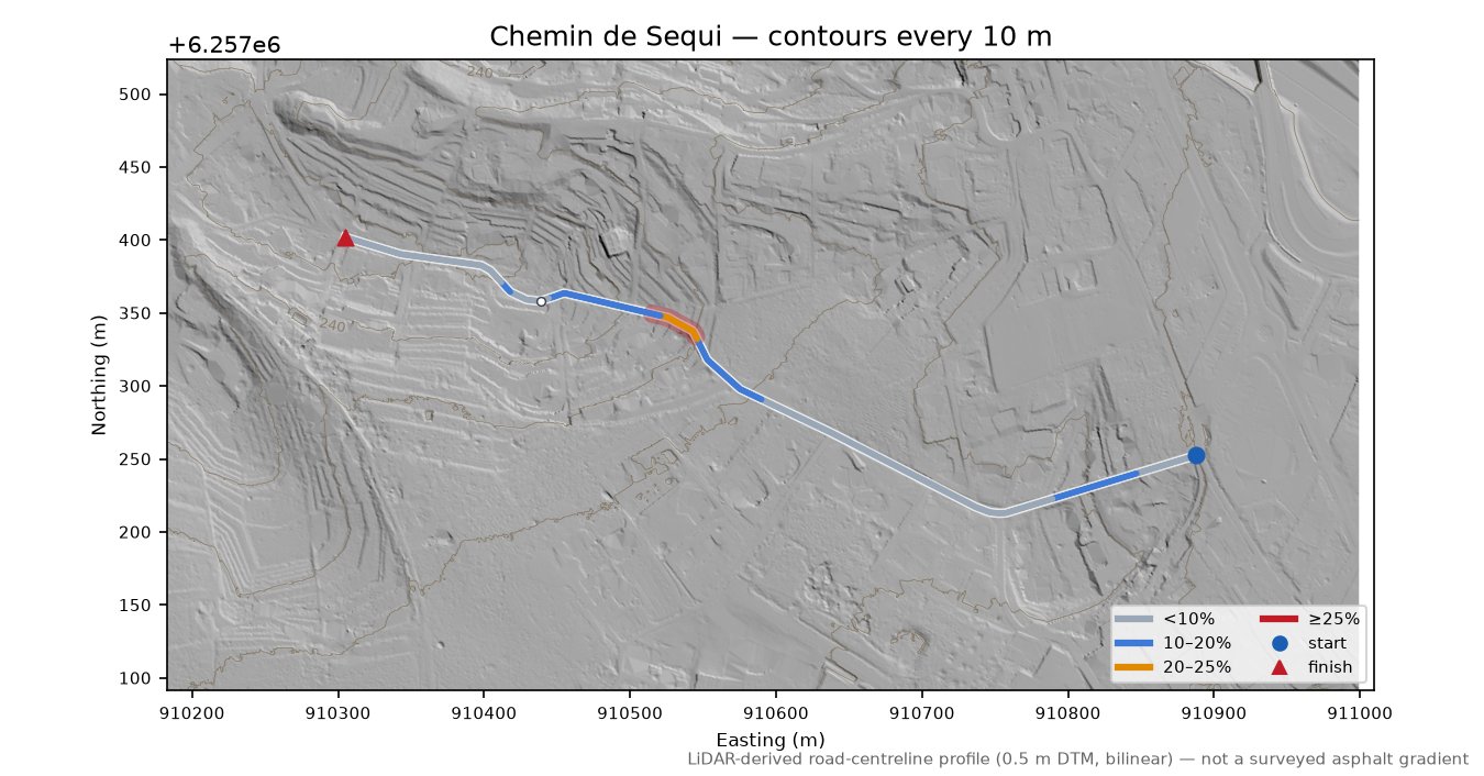 Chemin de Sequi LiDAR hillshade map with contours
