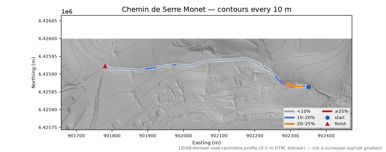 Chemin de Serre Monet LiDAR hillshade map with contours