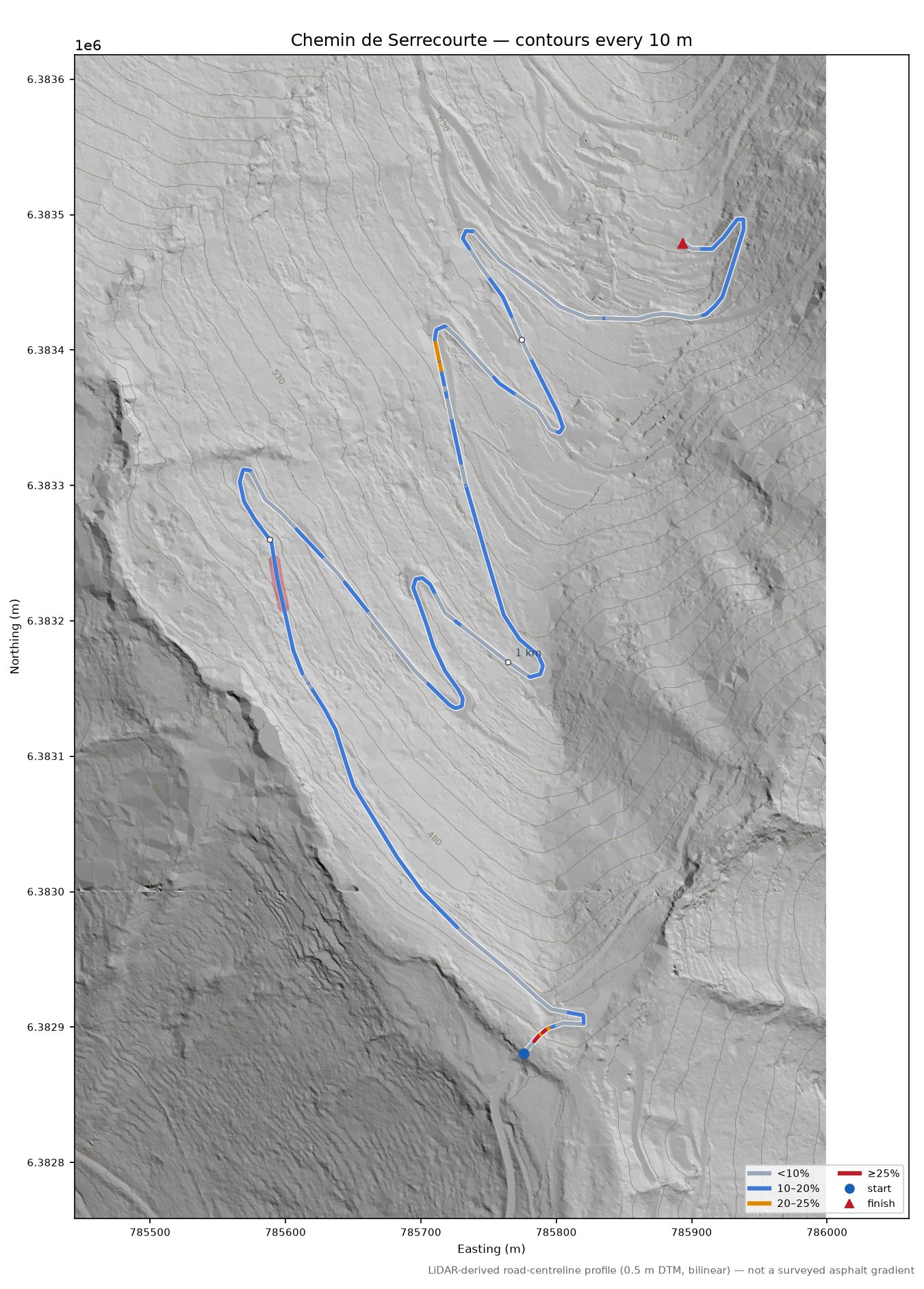 Chemin de Serrecourte LiDAR hillshade map with contours