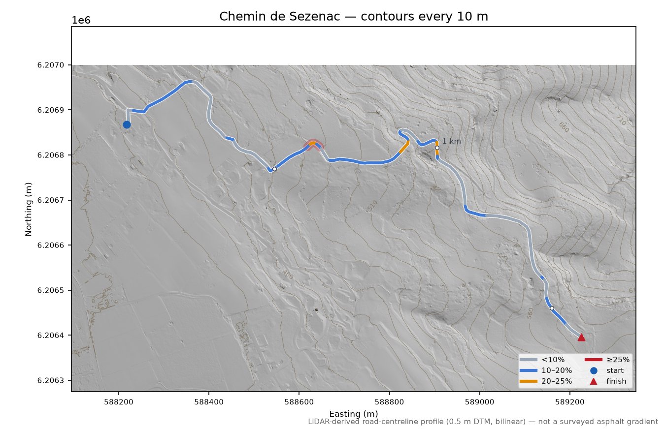 Chemin de Sezenac LiDAR hillshade map with contours