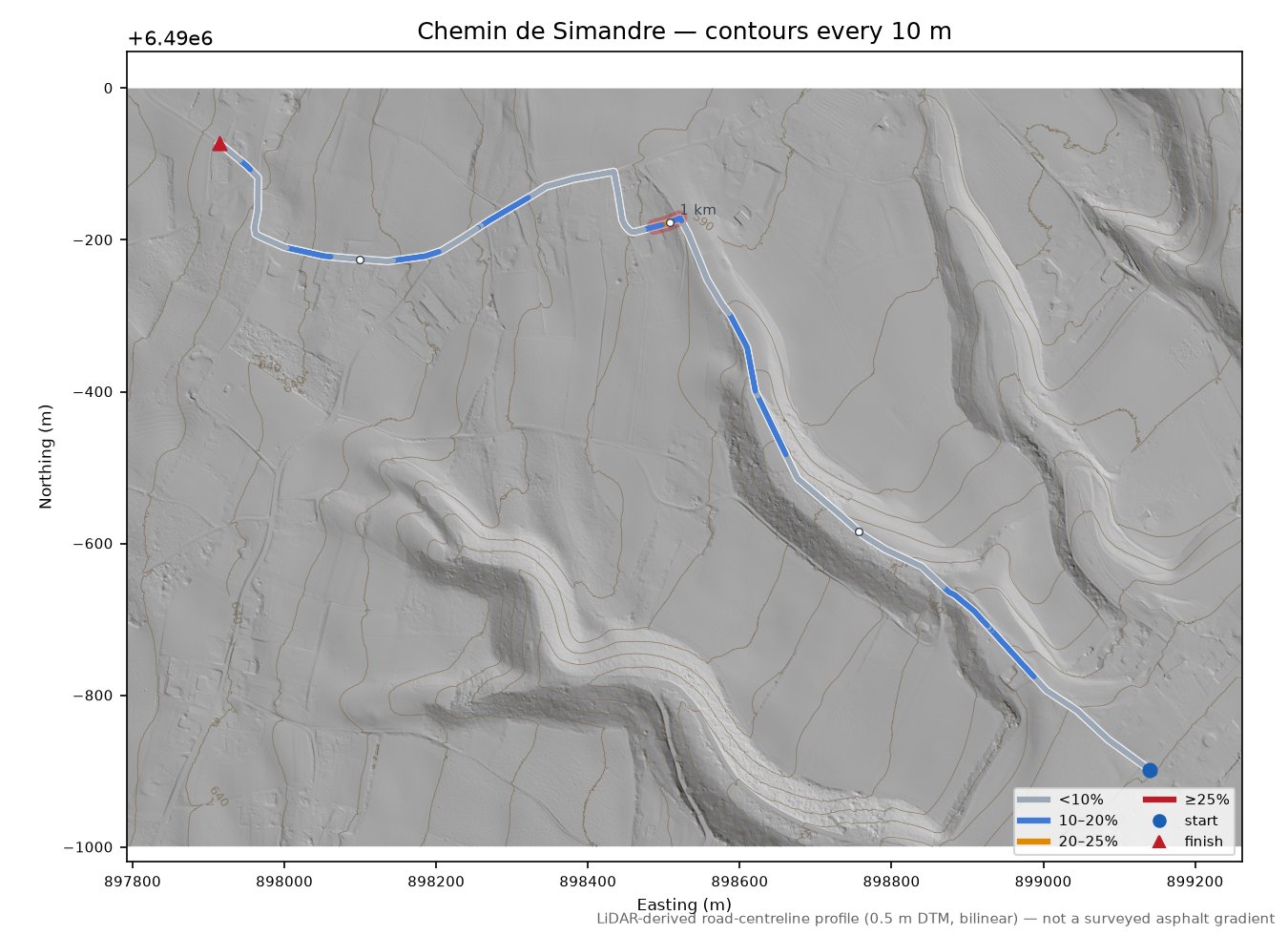 Chemin de Simandre LiDAR hillshade map with contours