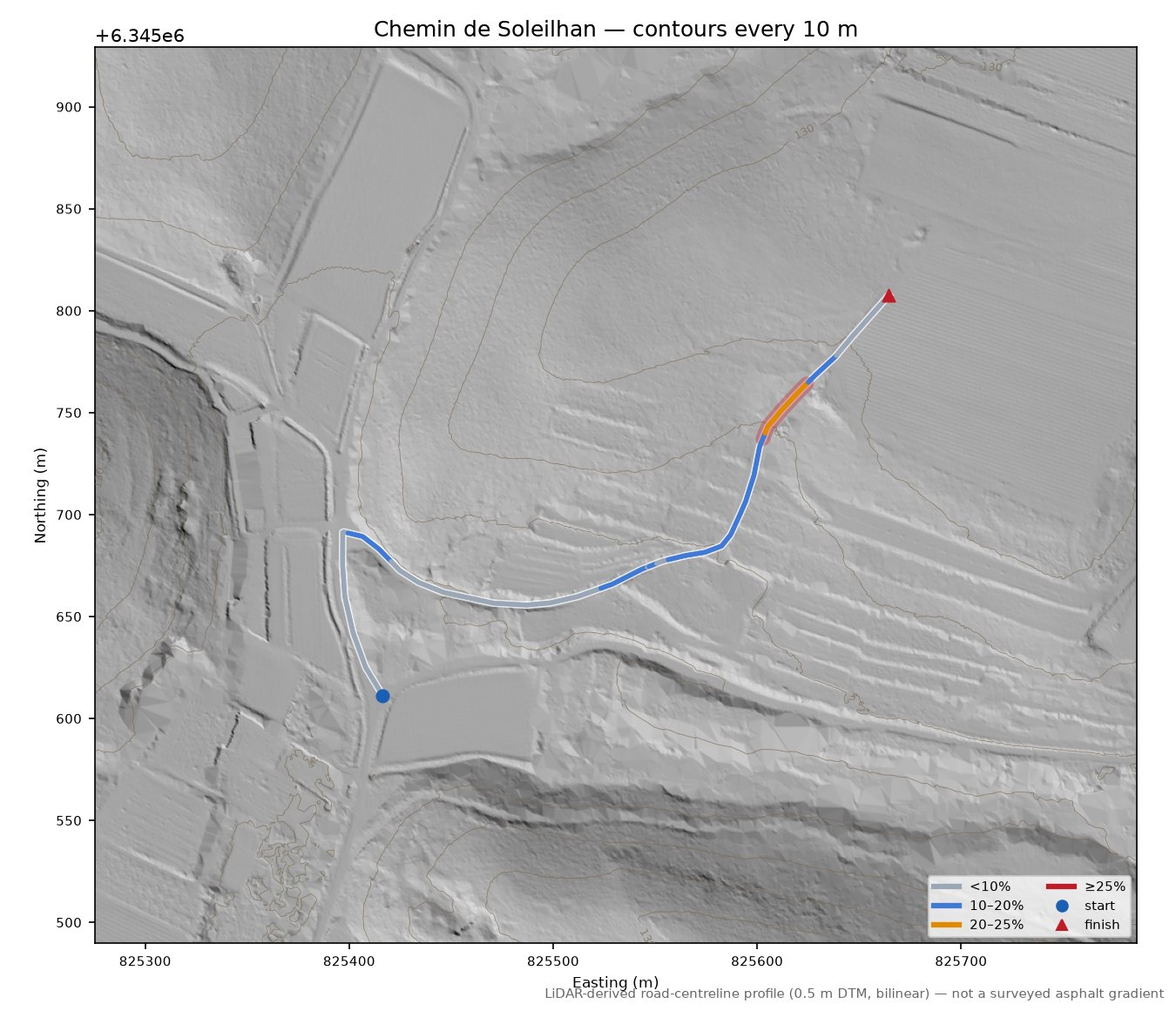 Chemin de Soleilhan LiDAR hillshade map with contours