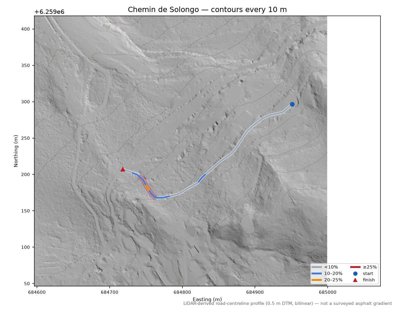Chemin de Solongo LiDAR hillshade map with contours