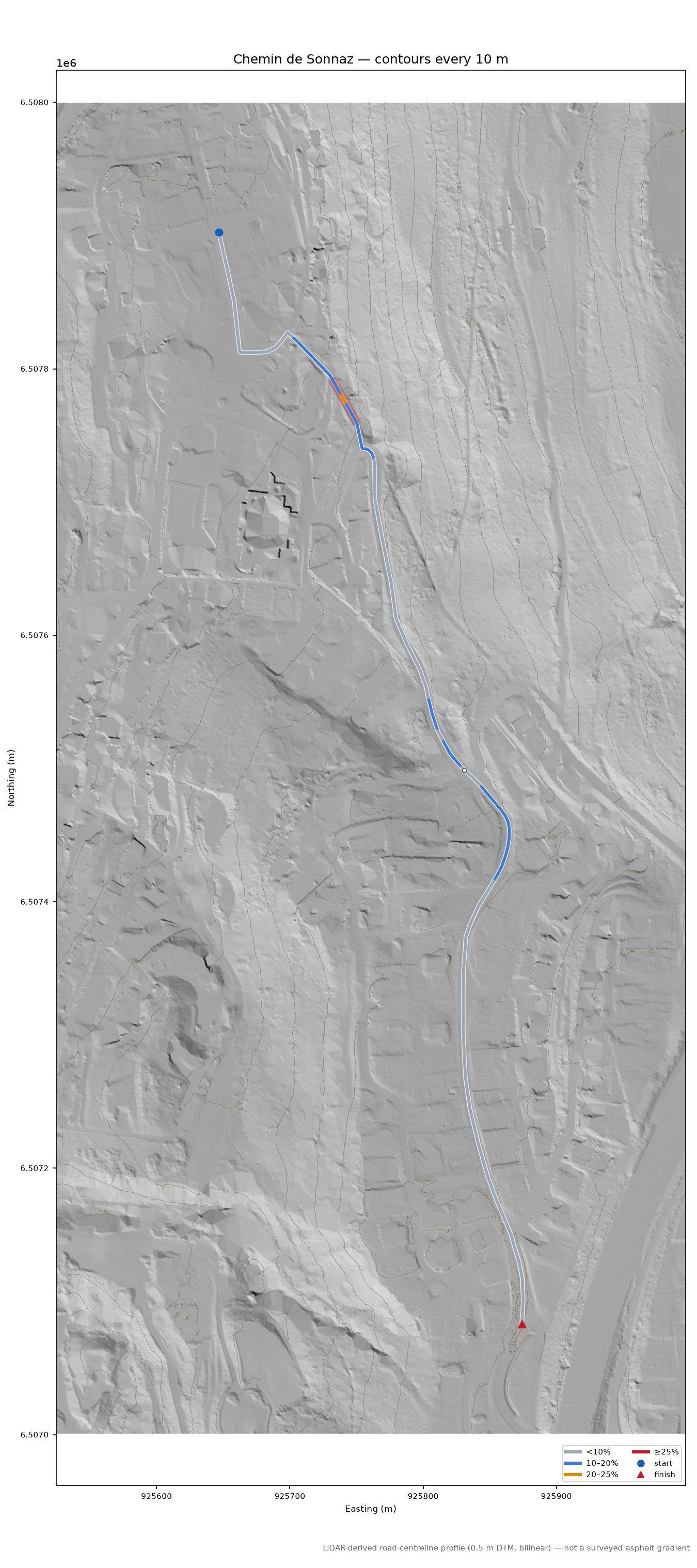 Chemin de Sonnaz LiDAR hillshade map with contours