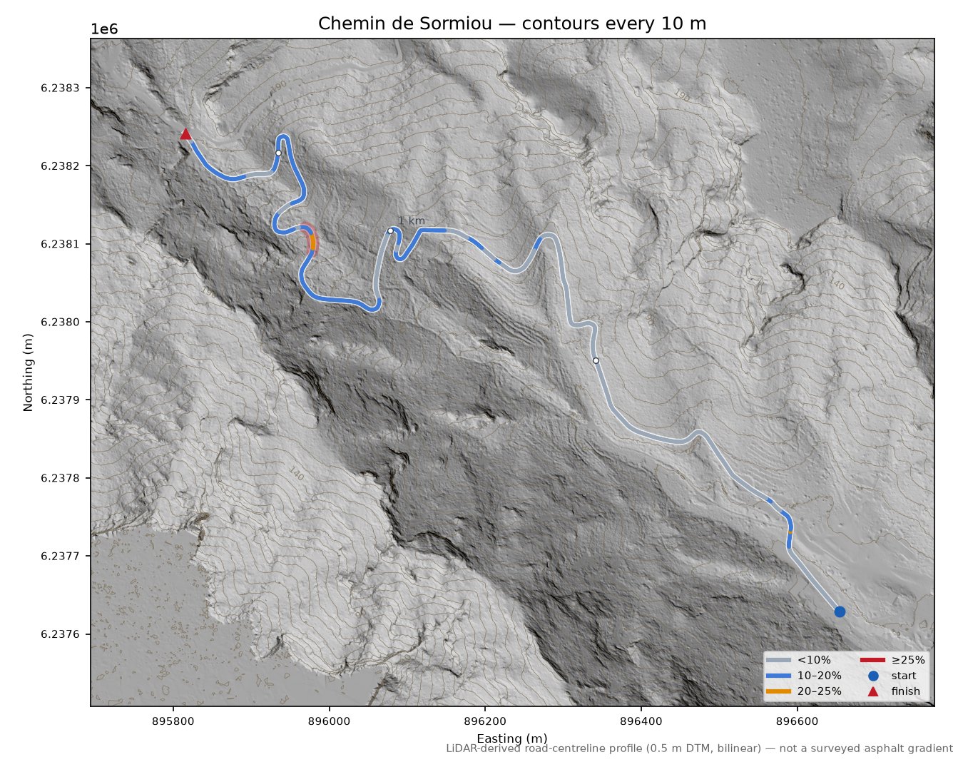 Chemin de Sormiou LiDAR hillshade map with contours