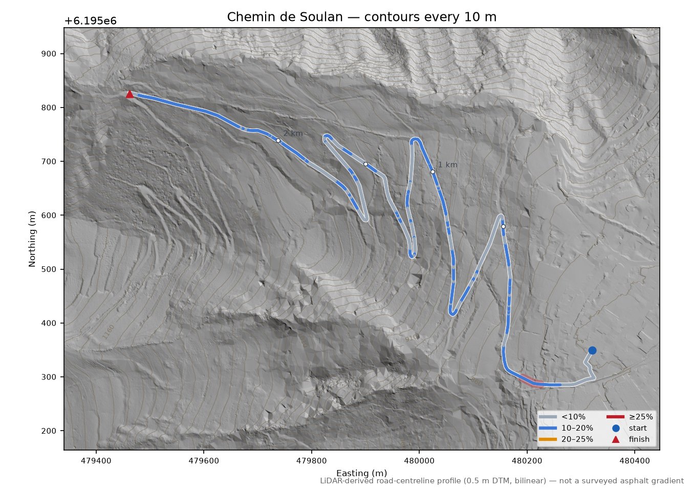 Chemin de Soulan LiDAR hillshade map with contours