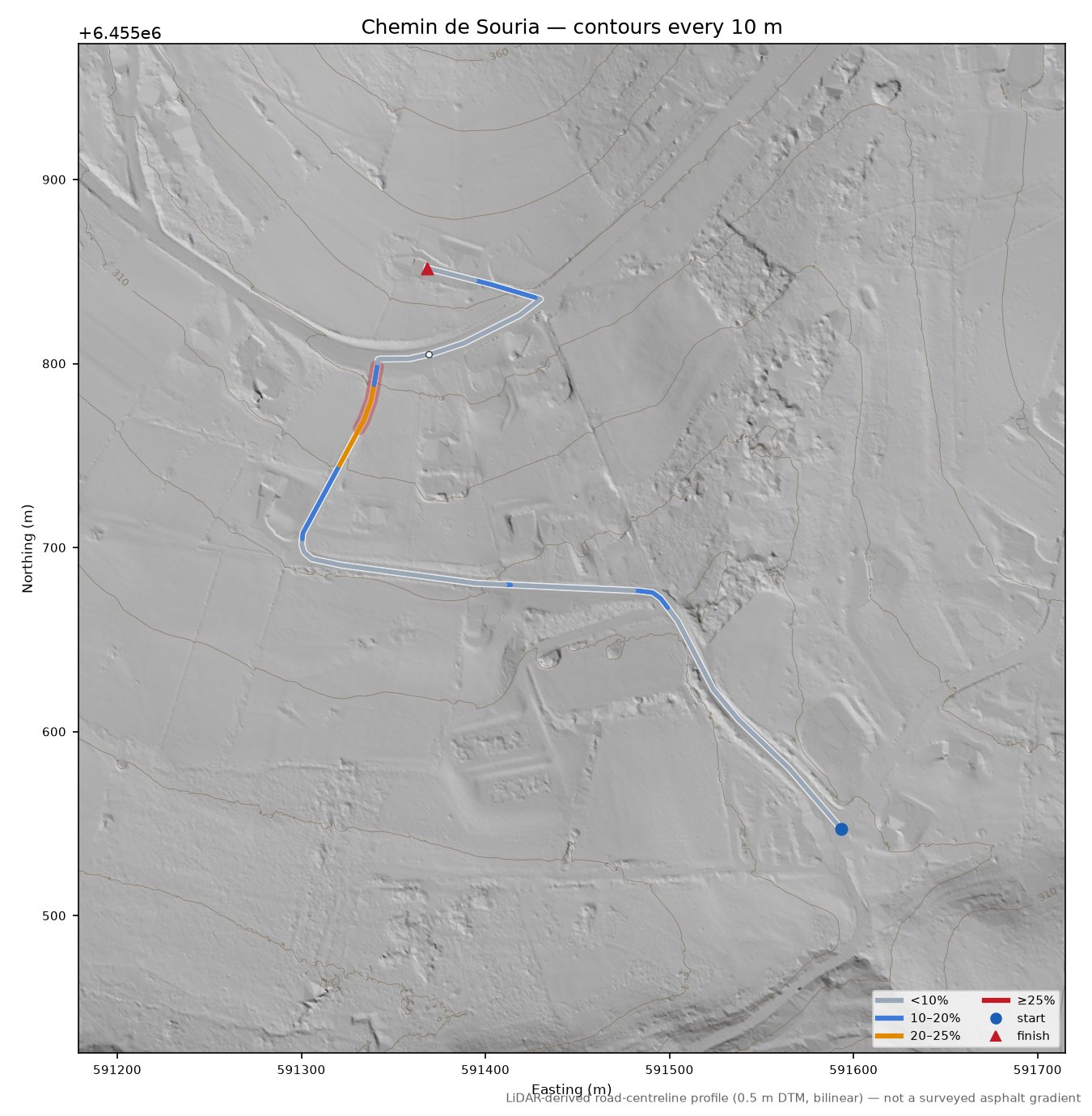 Chemin de Souria LiDAR hillshade map with contours