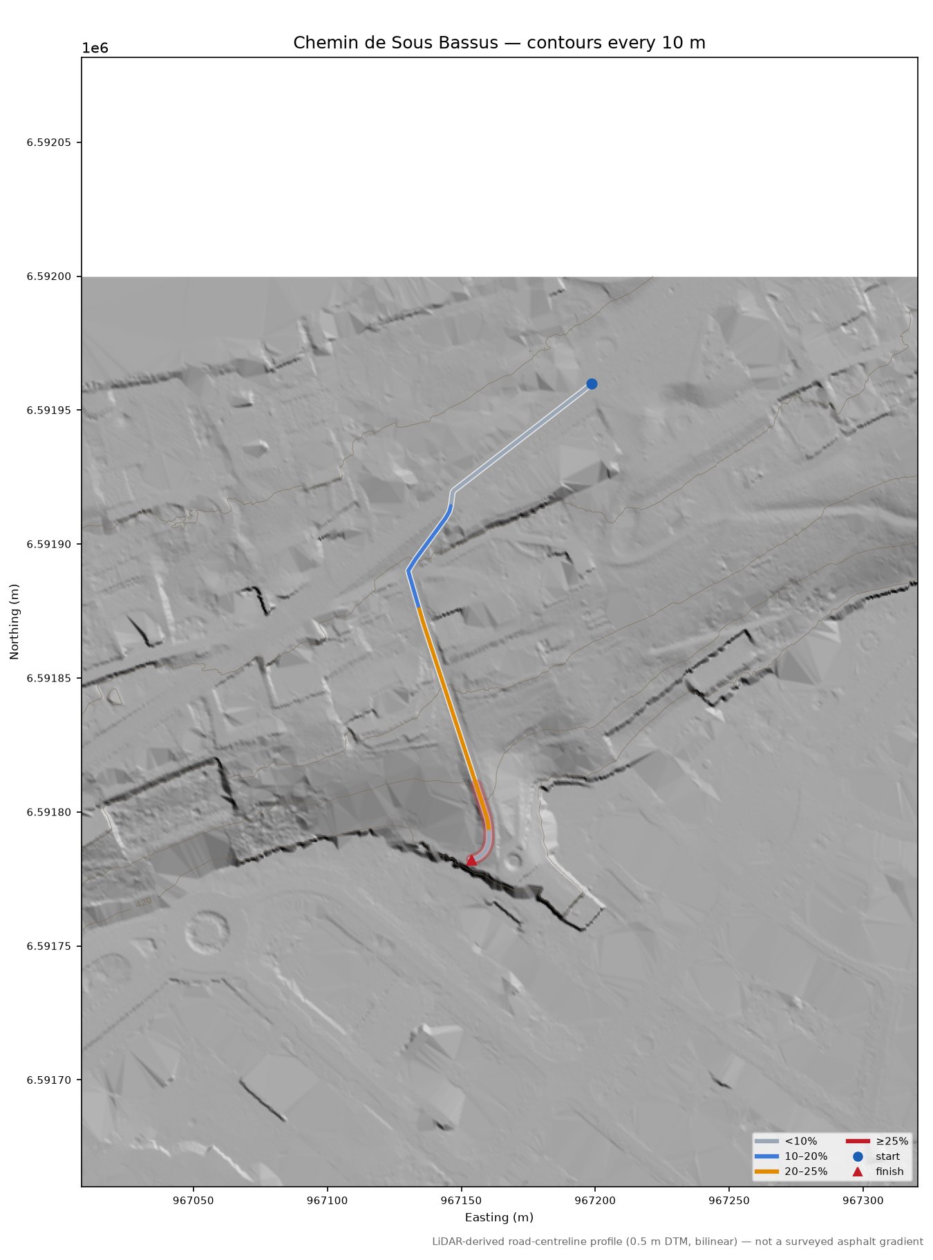 Chemin de Sous Bassus LiDAR hillshade map with contours
