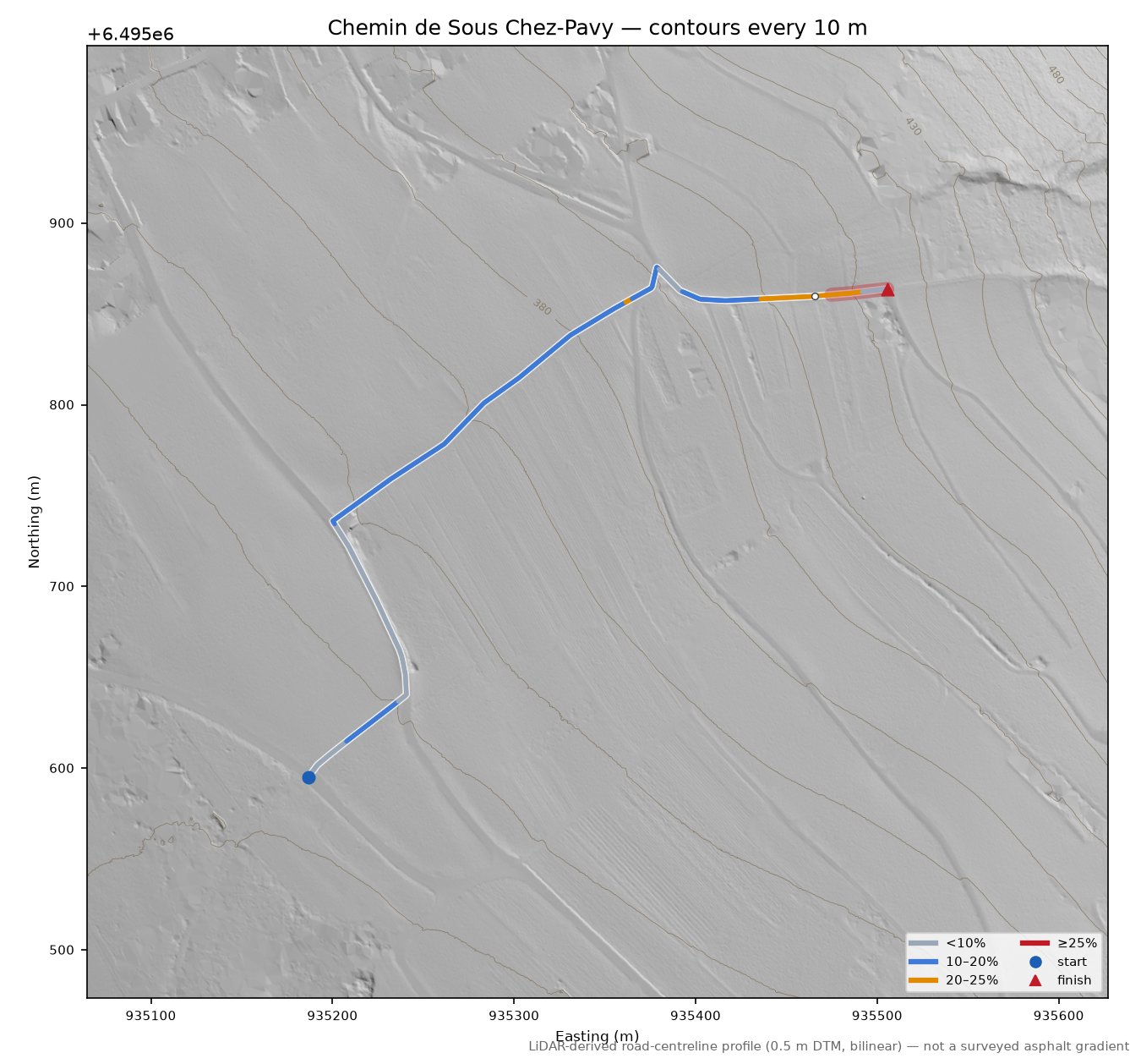 Chemin de Sous Chez-Pavy LiDAR hillshade map with contours