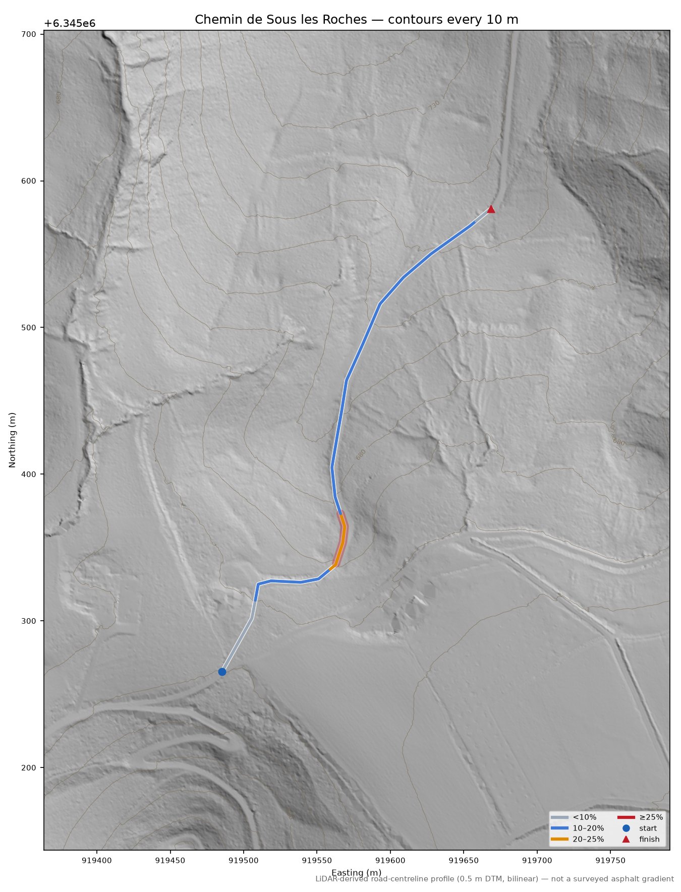 Chemin de Sous les Roches LiDAR hillshade map with contours