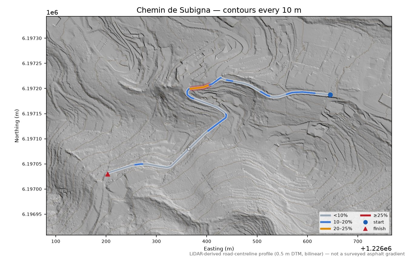 Chemin de Subigna LiDAR hillshade map with contours
