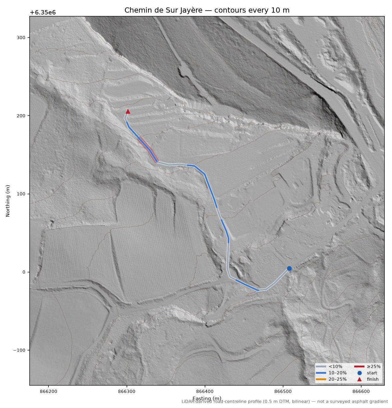 Chemin de Sur Jayère LiDAR hillshade map with contours
