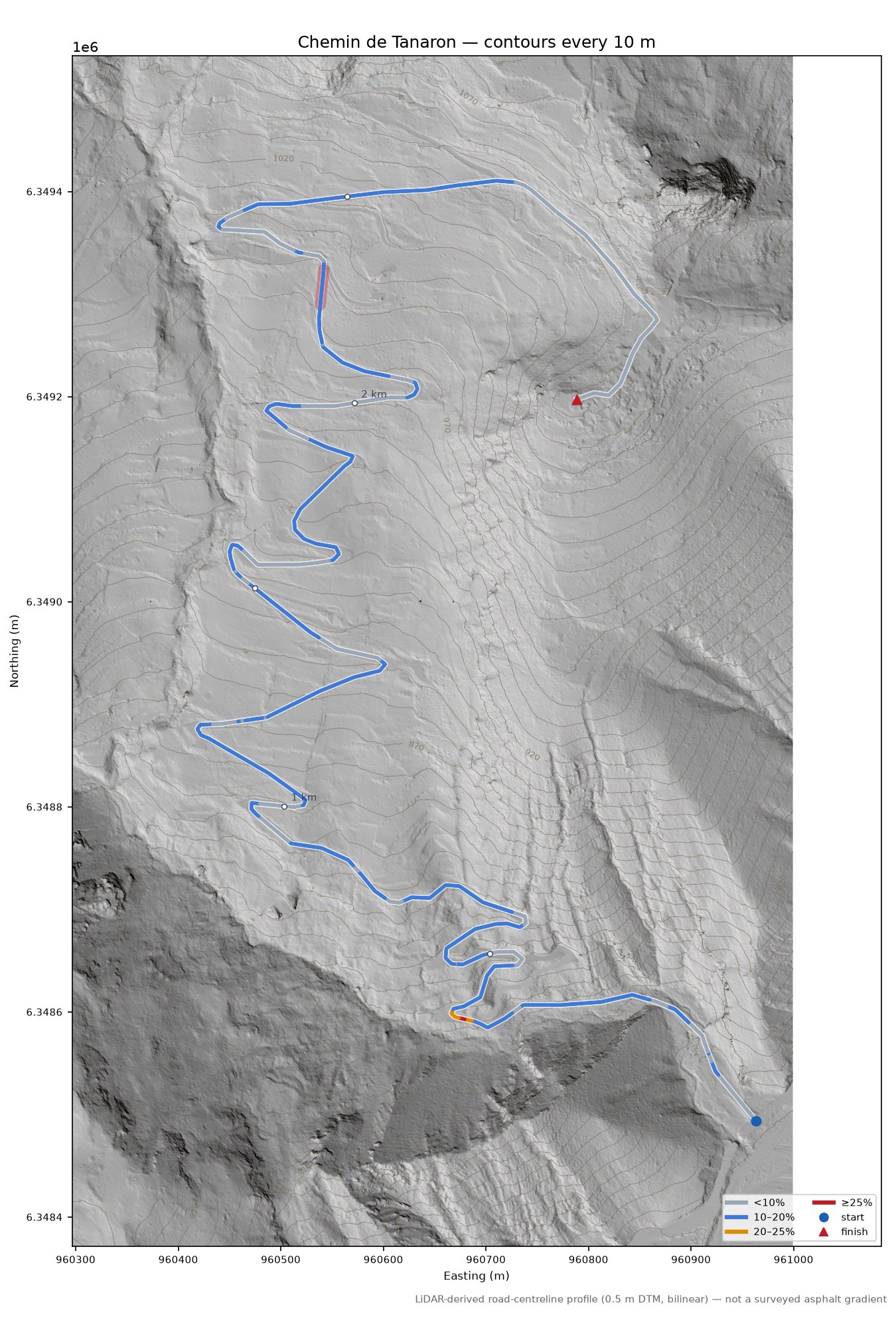 Chemin de Tanaron LiDAR hillshade map with contours