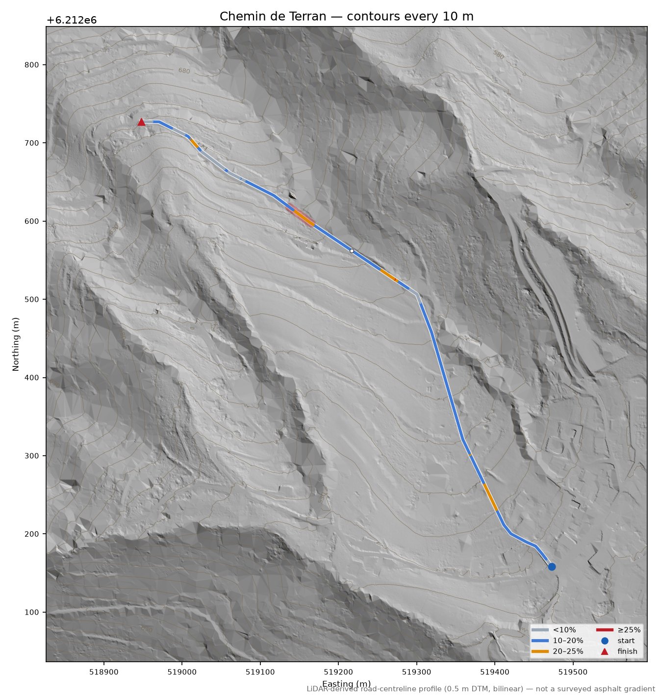 Chemin de Terran LiDAR hillshade map with contours