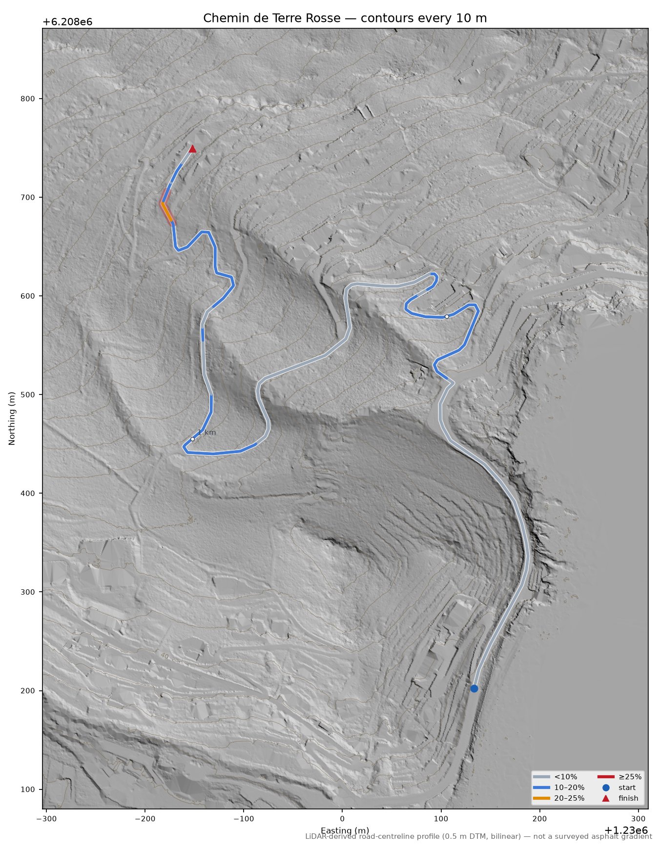 Chemin de Terre Rosse LiDAR hillshade map with contours