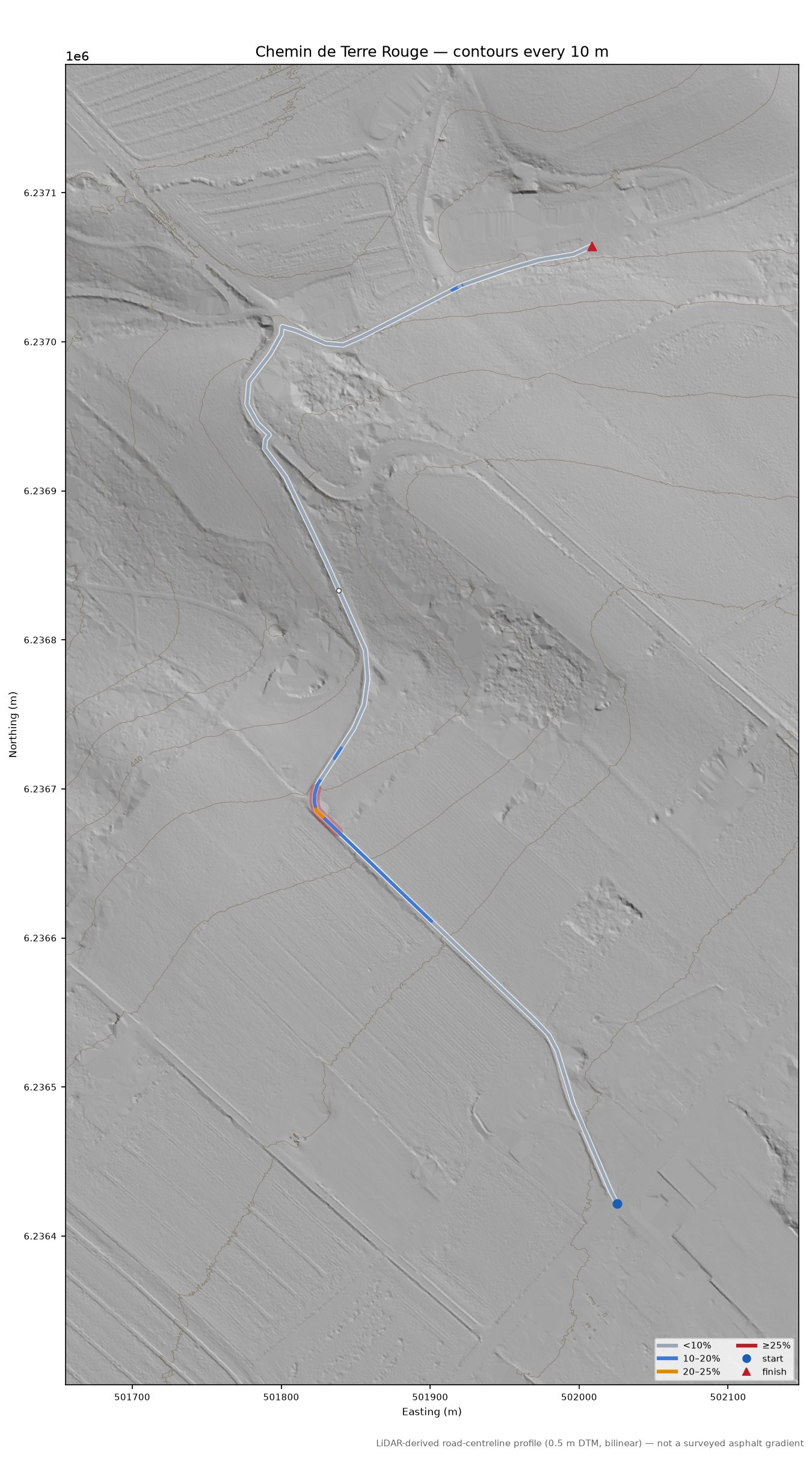 Chemin de Terre Rouge LiDAR hillshade map with contours
