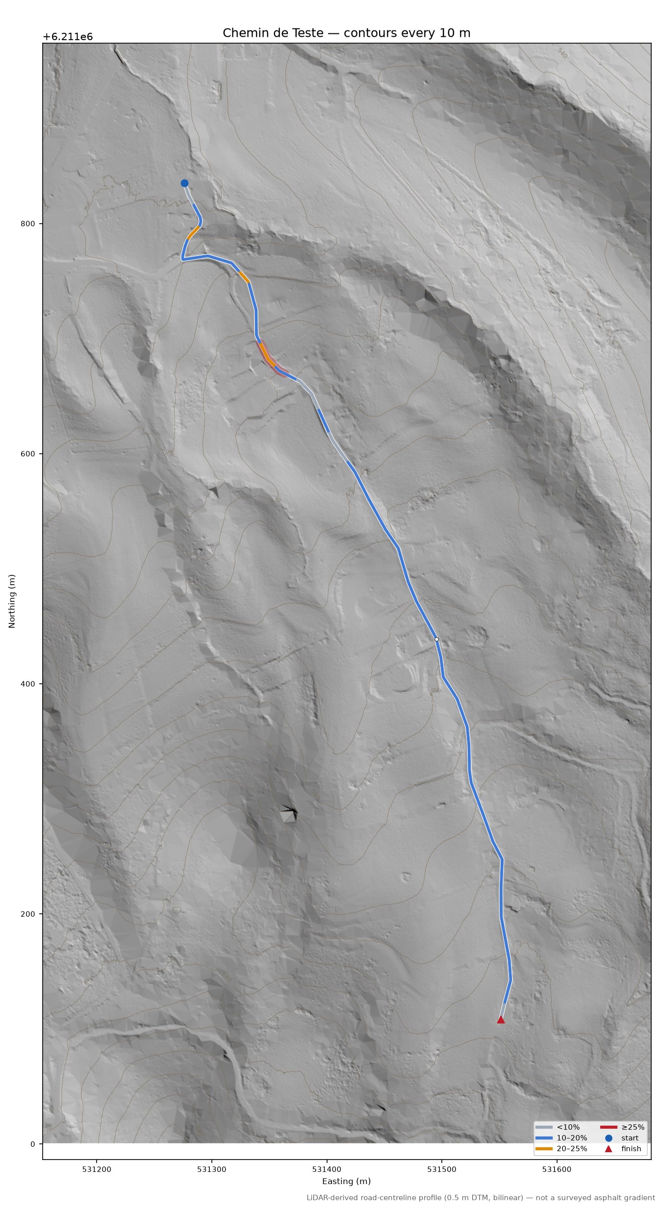 Chemin de Teste LiDAR hillshade map with contours