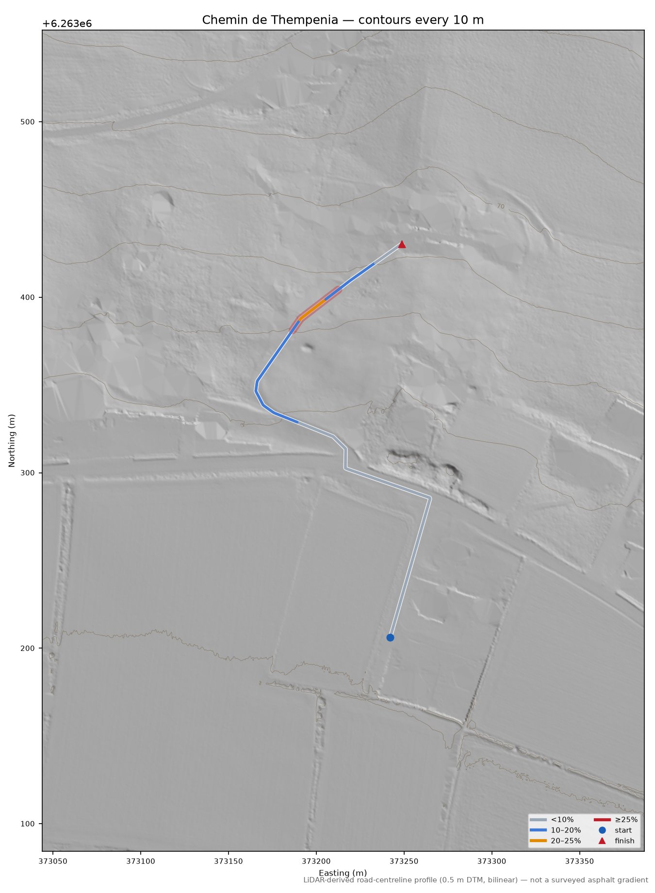 Chemin de Thempenia LiDAR hillshade map with contours