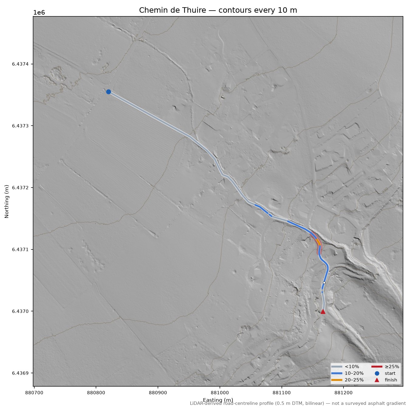 Chemin de Thuire LiDAR hillshade map with contours