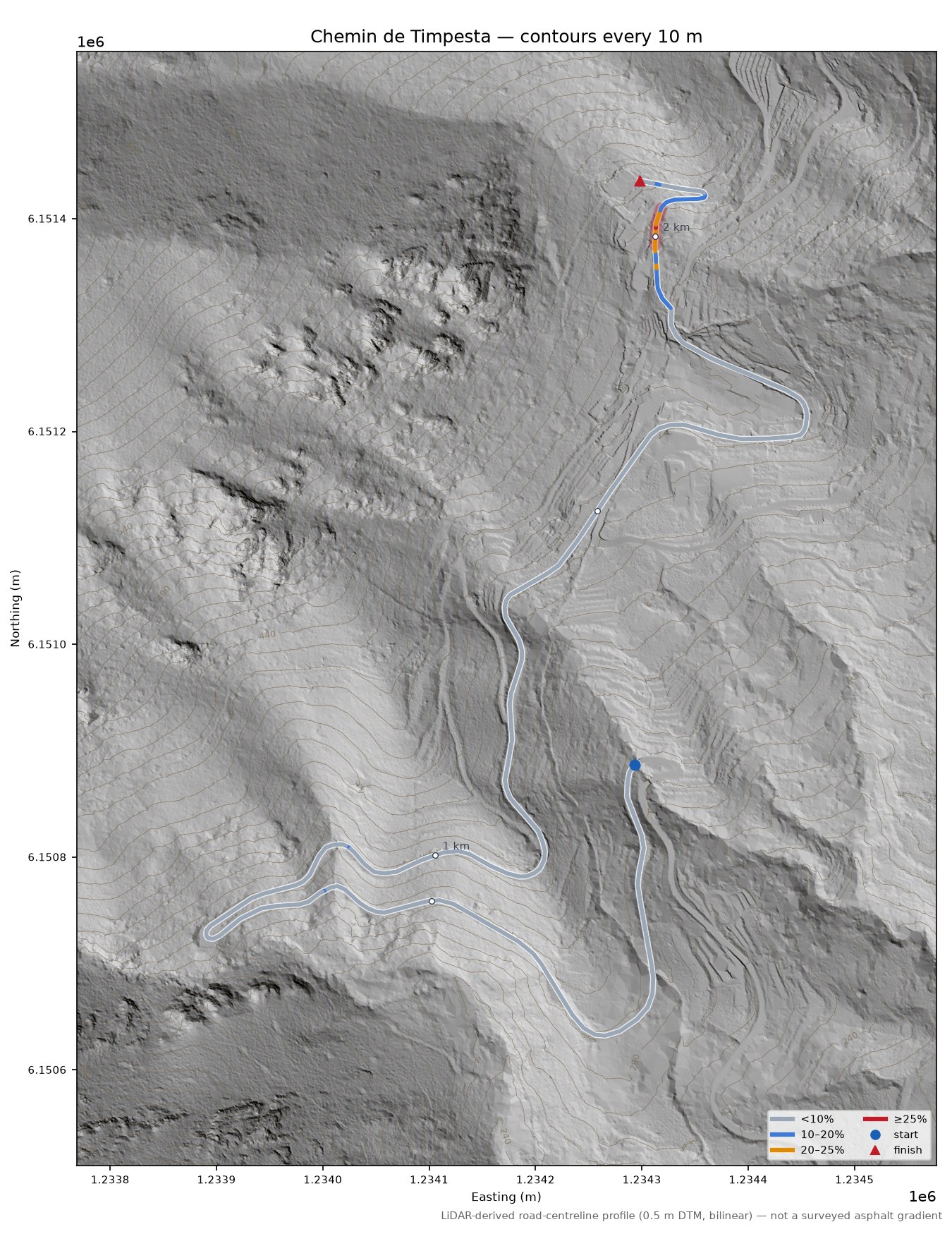 Chemin de Timpesta LiDAR hillshade map with contours