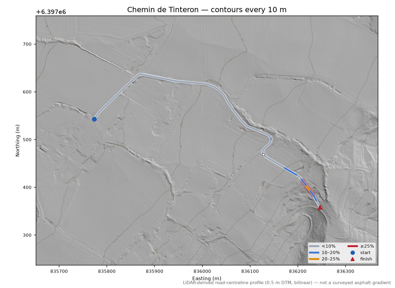 Chemin de Tinteron LiDAR hillshade map with contours