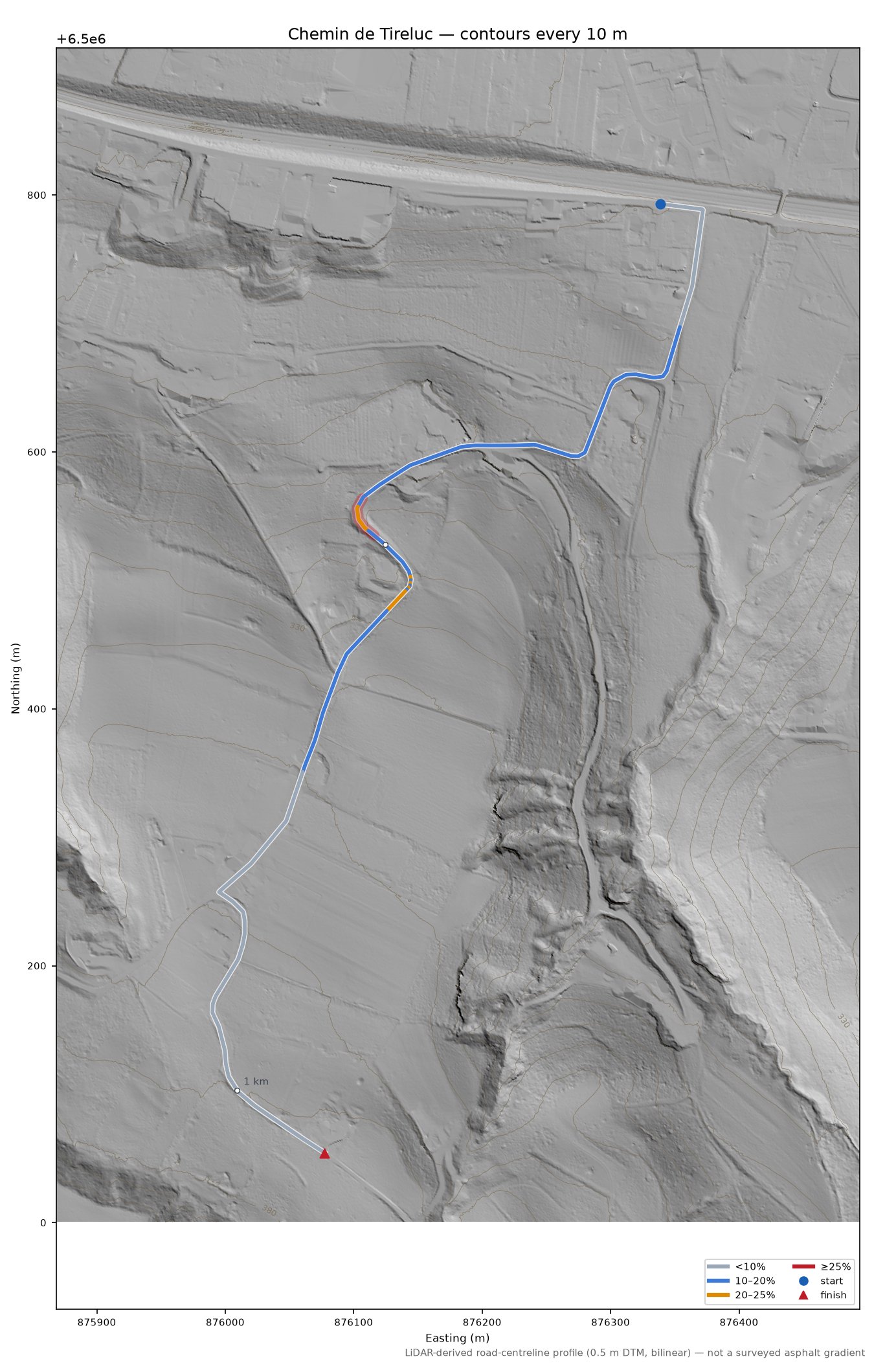Chemin de Tireluc LiDAR hillshade map with contours