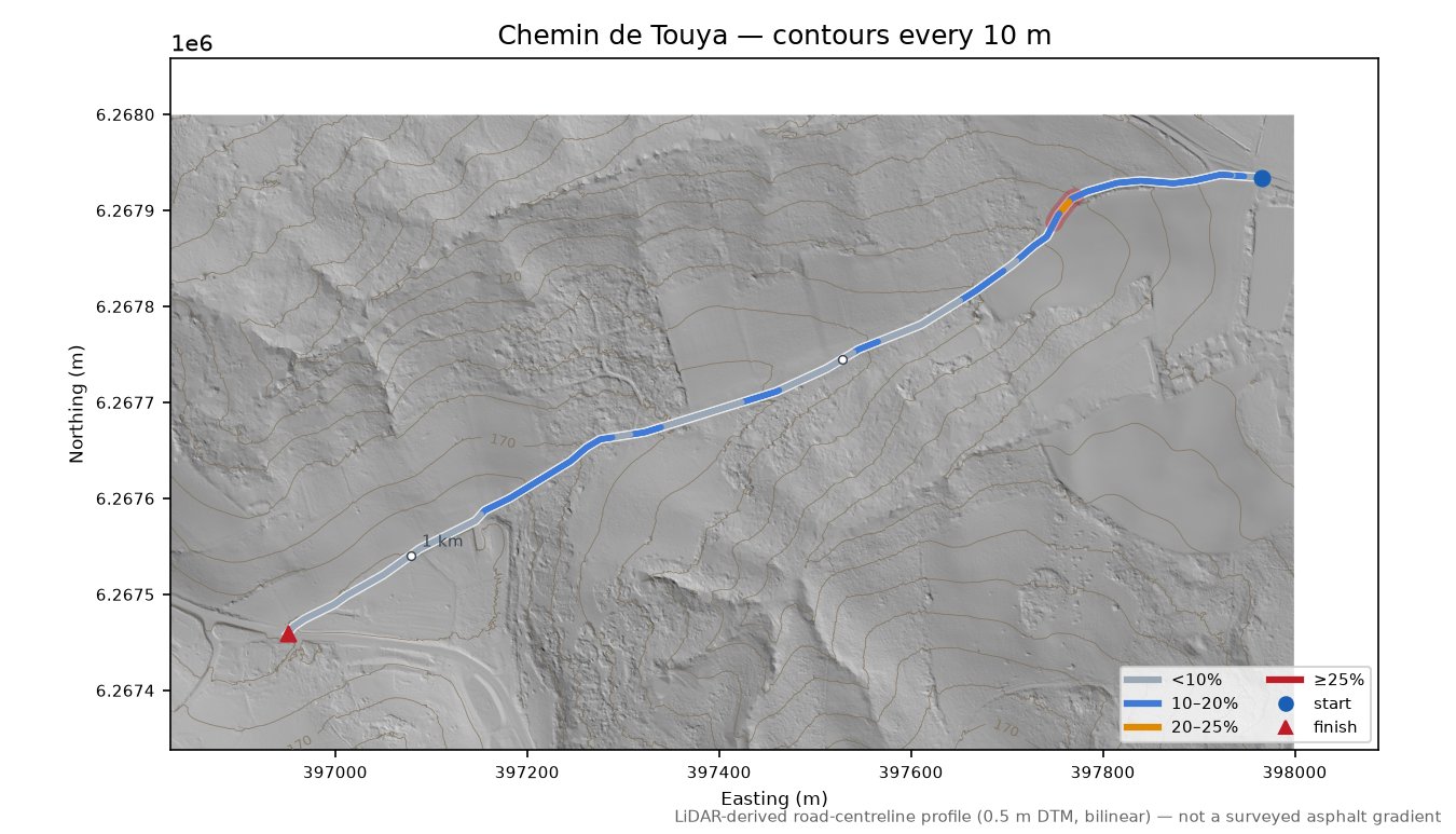 Chemin de Touya LiDAR hillshade map with contours