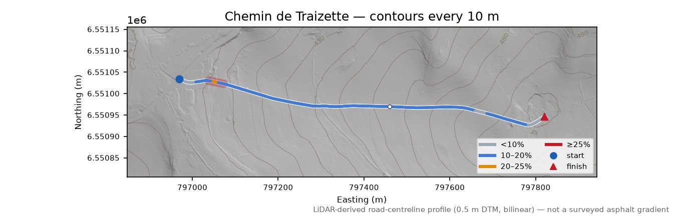 Chemin de Traizette LiDAR hillshade map with contours