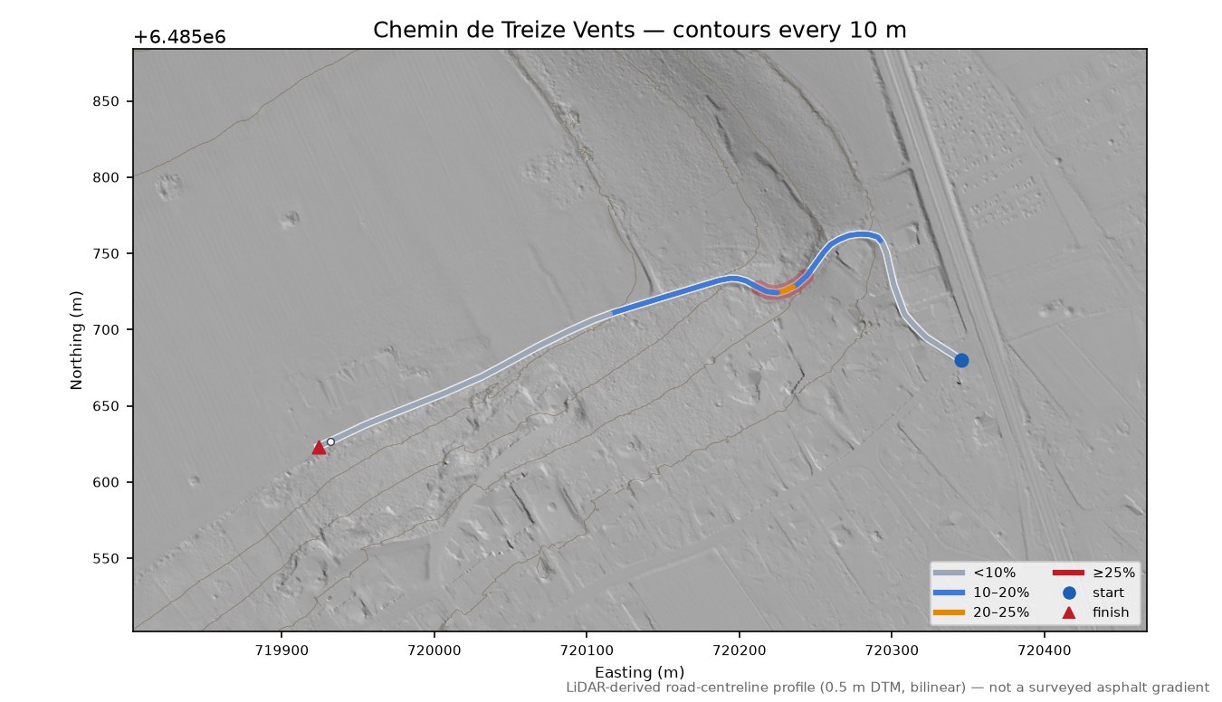 Chemin de Treize Vents LiDAR hillshade map with contours
