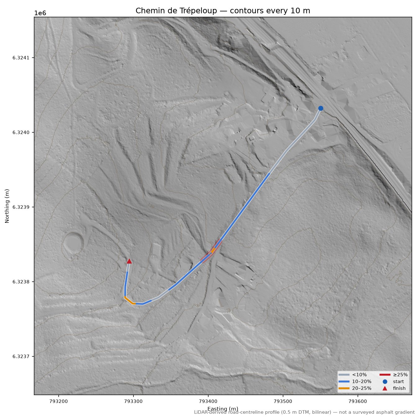 Chemin de Trépeloup LiDAR hillshade map with contours