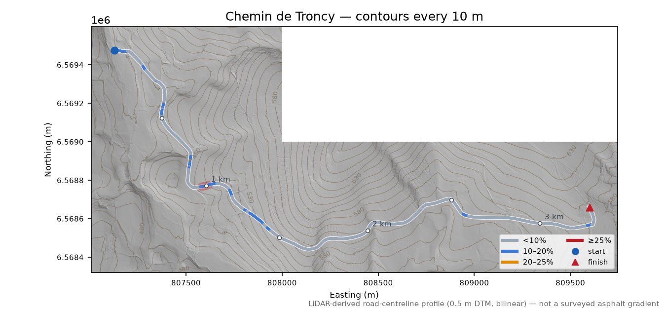 Chemin de Troncy LiDAR hillshade map with contours